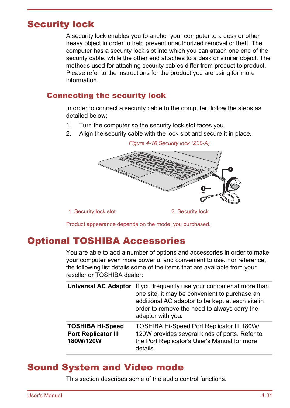 Security lock, Connecting the security lock, Optional toshiba accessories | Sound system and video mode, Section for more | Toshiba Satellite Z30-A User Manual | Page 98 / 161