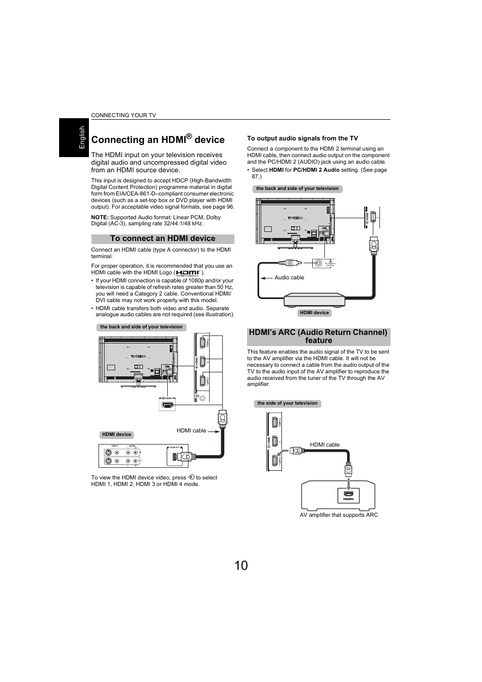 Connecting an hdmi® device, To connect an hdmi device, Hdmi’s arc (audio return channel) feature | Connecting an hdmi, Device | Toshiba L9363 User Manual | Page 10 / 106