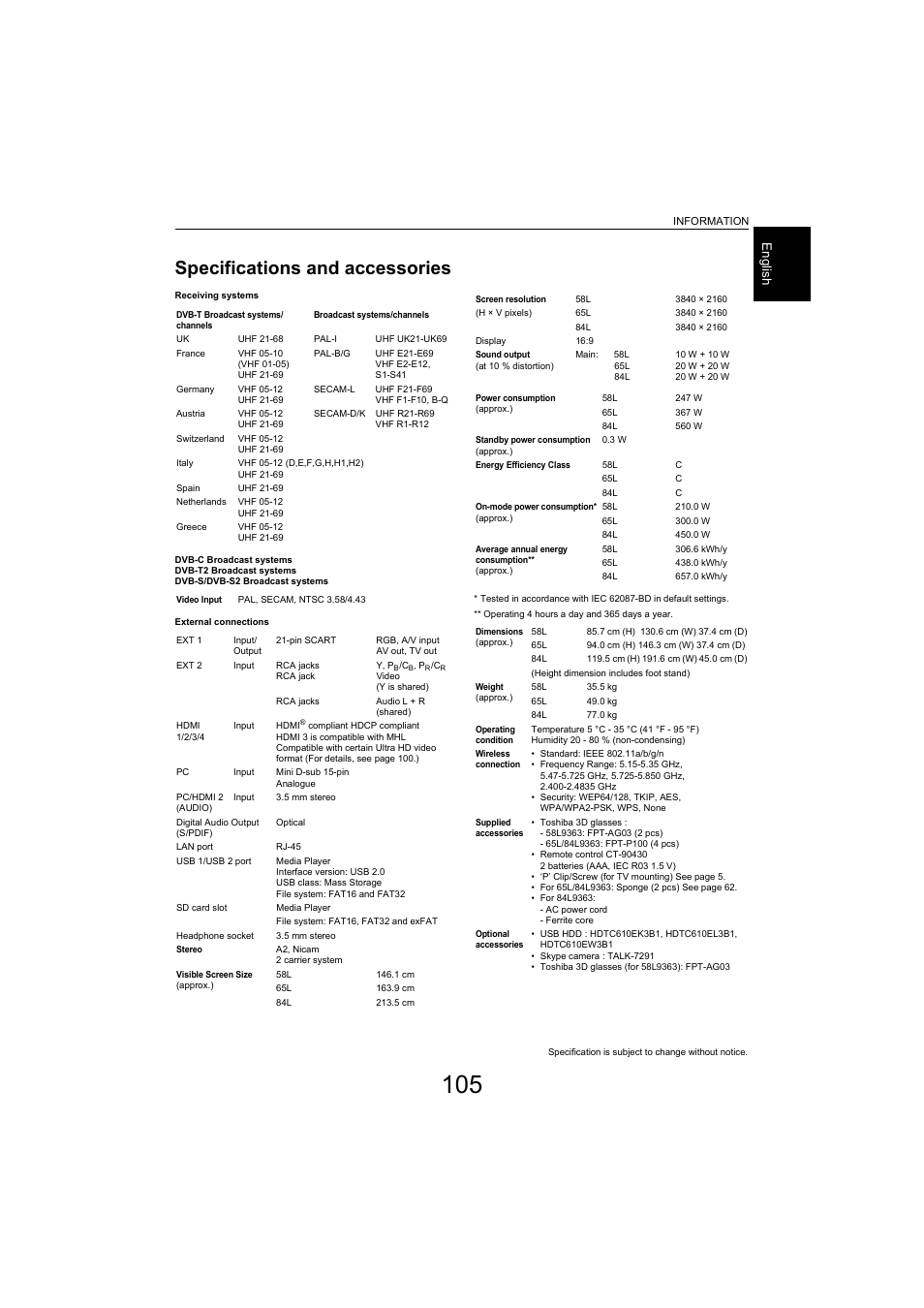 Specifications and accessories, Eng lis h | Toshiba L9363 User Manual | Page 105 / 106