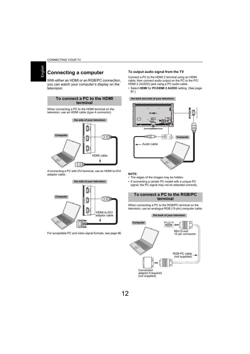 Connecting a computer, To connect a pc to the hdmi terminal, To connect a pc to the rgb/pc terminal | Toshiba L9363 User Manual | Page 12 / 106