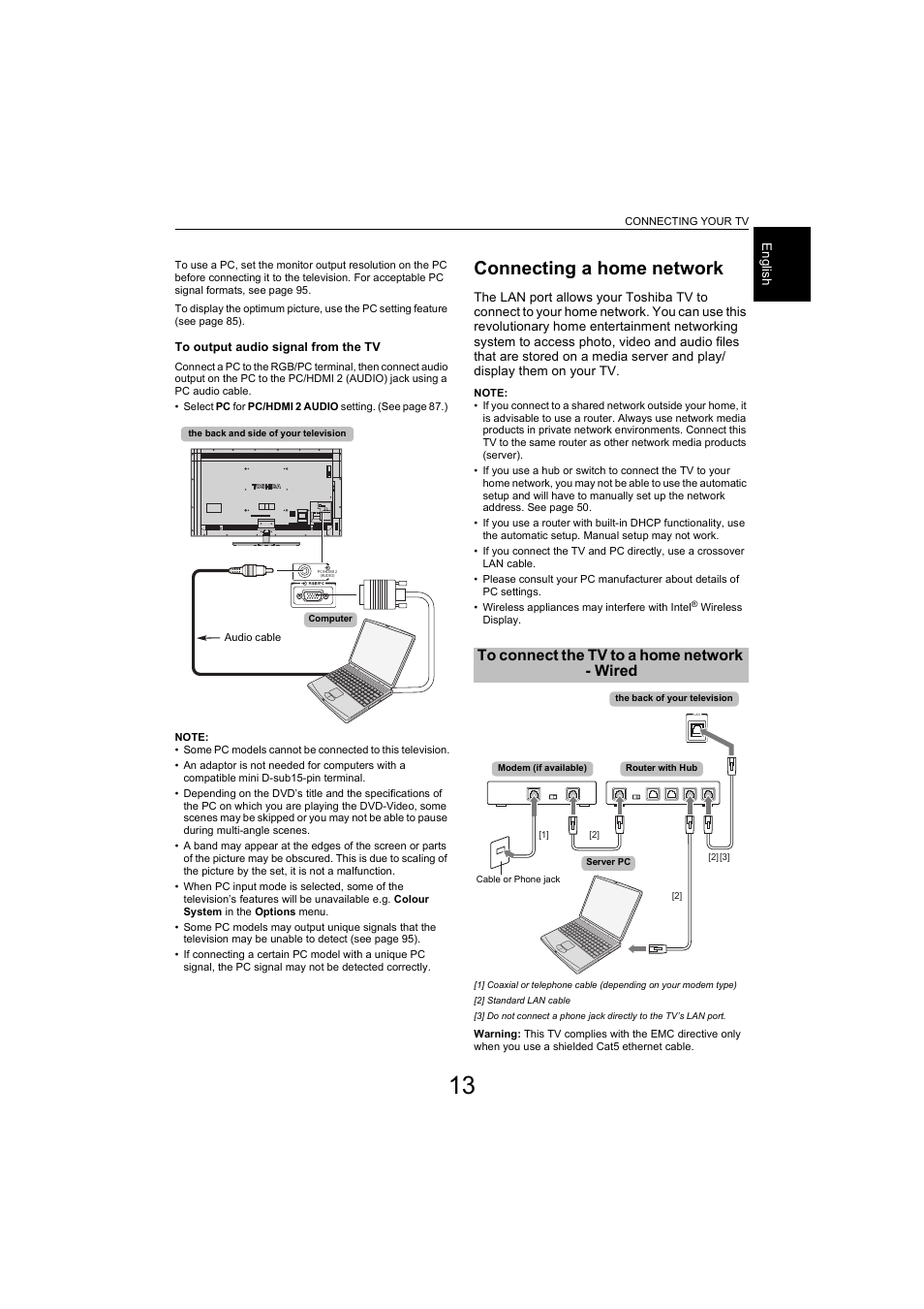 Connecting a home network, To connect the tv to a home network - wired | Toshiba L9363 User Manual | Page 13 / 106