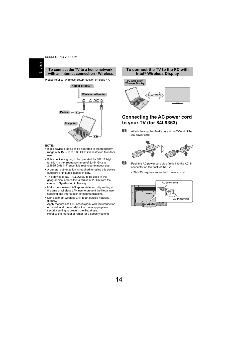 To connect the tv to a home network with an, Internet connection - wireless, To connect the tv to the pc with intel | Wireless, Display, Connecting the ac power cord to your tv, For 84l9363) | Toshiba L9363 User Manual | Page 14 / 106