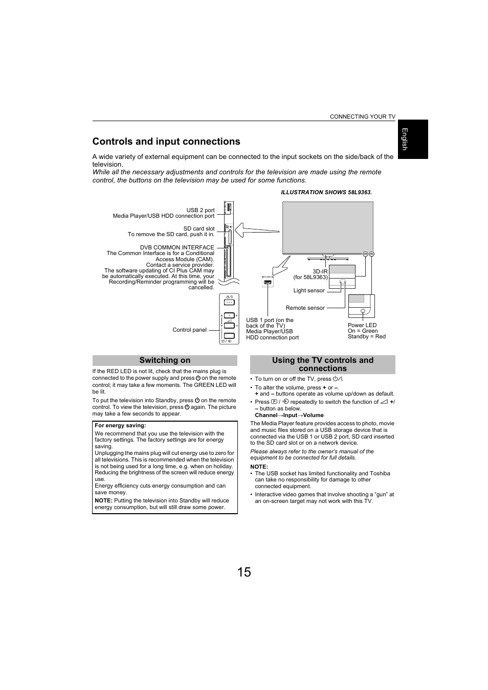 Controls and input connections, Switching on, Using the tv controls and connections | Switching on using the tv controls and connections | Toshiba L9363 User Manual | Page 15 / 106