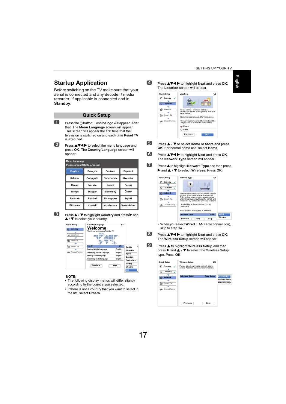 Setting up your tv, Startup application, Quick setup | Welcome, Eng lis h | Toshiba L9363 User Manual | Page 17 / 106