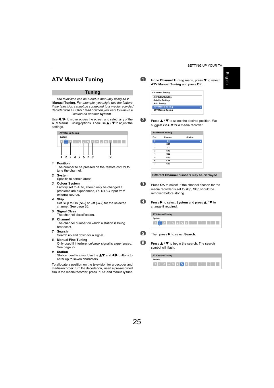 Atv manual tuning, Tuning | Toshiba L9363 User Manual | Page 25 / 106