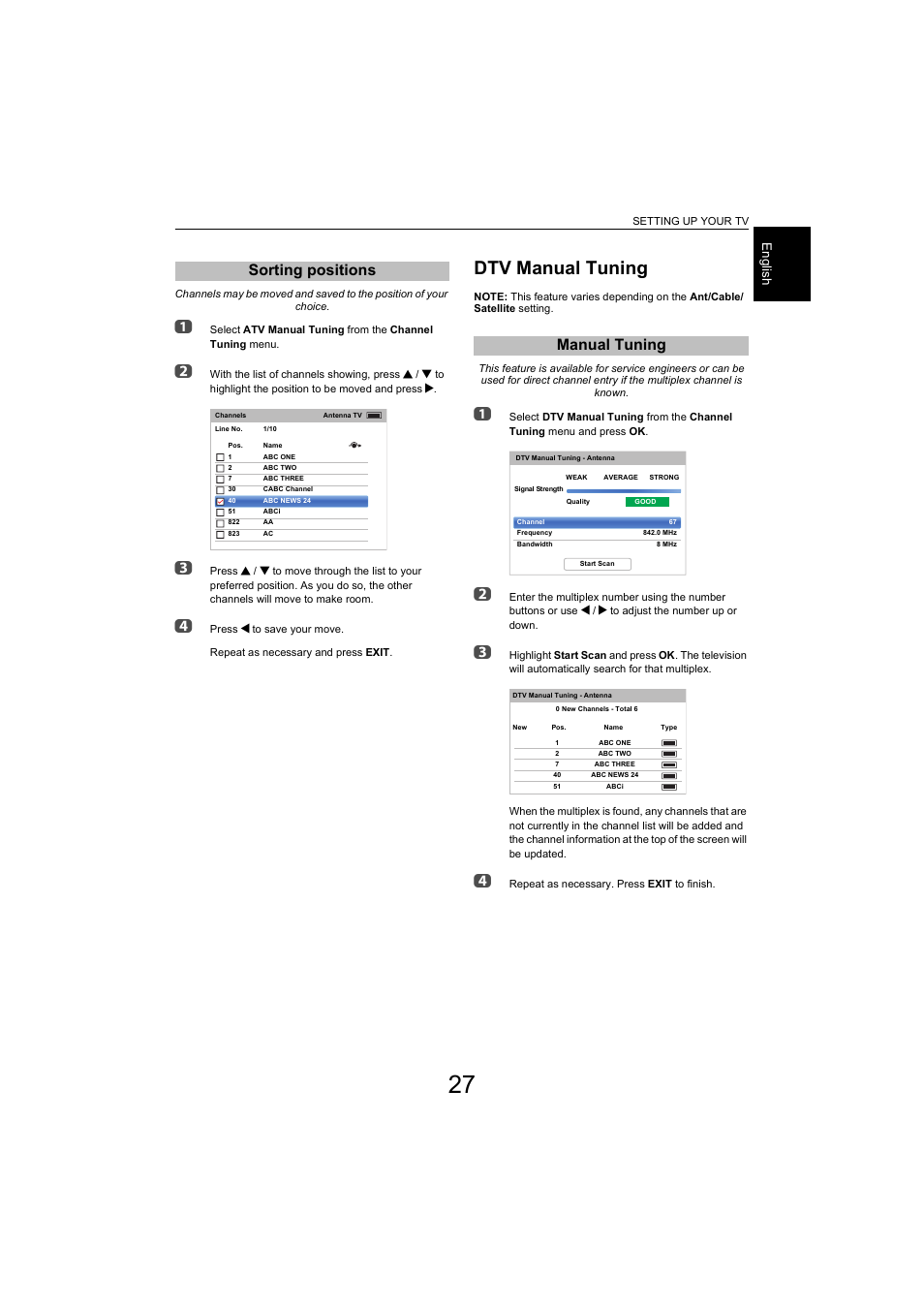 Sorting positions, Dtv manual tuning, Manual tuning | Toshiba L9363 User Manual | Page 27 / 106