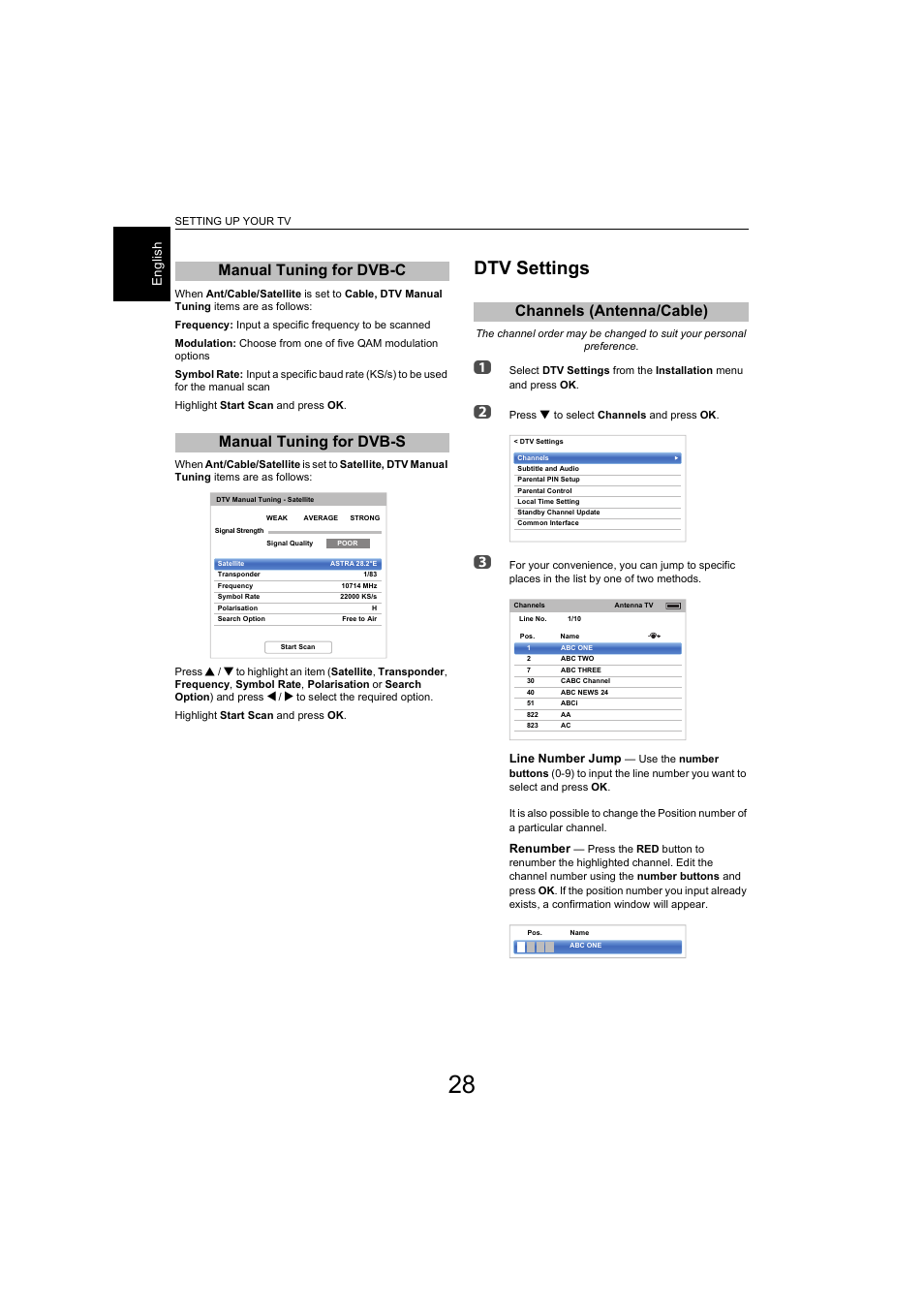 Manual tuning for dvb-c, Manual tuning for dvb-s, Dtv settings | Channels (antenna/cable), Manual tuning for dvb-c manual tuning for dvb-s | Toshiba L9363 User Manual | Page 28 / 106