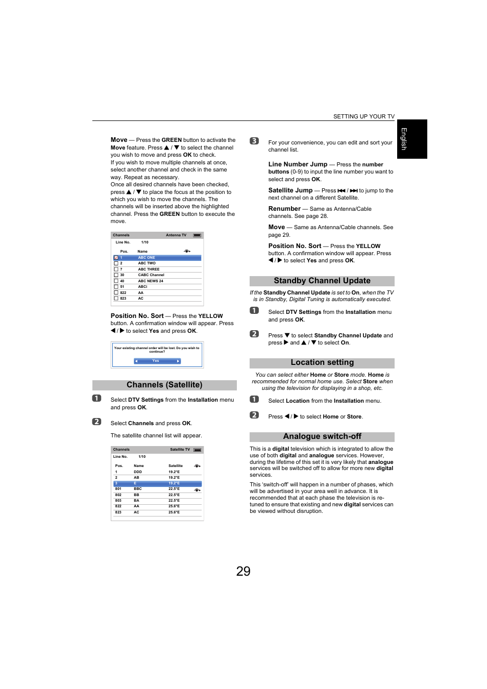 Channels (satellite), Standby channel update, Location setting | Analogue switch-off | Toshiba L9363 User Manual | Page 29 / 106