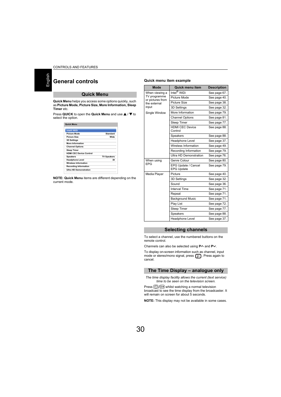 Controls and features, General controls, Quick menu | Selecting channels, The time display – analogue only | Toshiba L9363 User Manual | Page 30 / 106