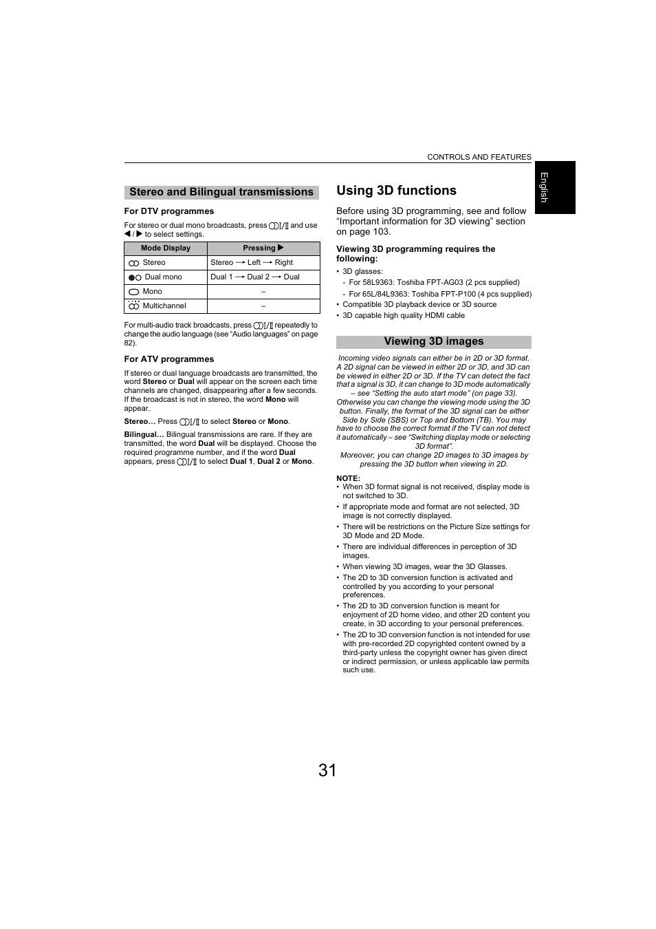 Stereo and bilingual transmissions, Using 3d functions, Viewing 3d images | Toshiba L9363 User Manual | Page 31 / 106