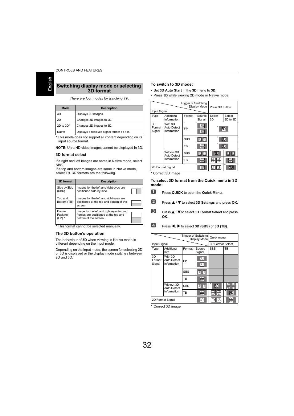 Switching display mode or selecting 3d format, Switching display mode or selecting 3d, Format | Switching display mode or selecting, 3d format | Toshiba L9363 User Manual | Page 32 / 106