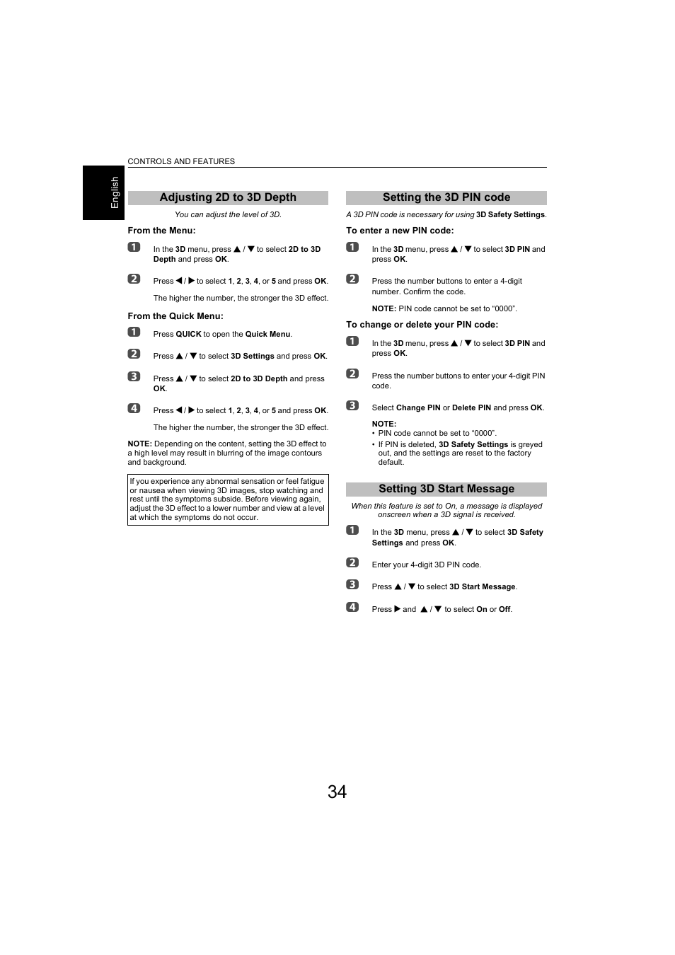 Adjusting 2d to 3d depth, Setting the 3d pin code, Setting 3d start message | Toshiba L9363 User Manual | Page 34 / 106