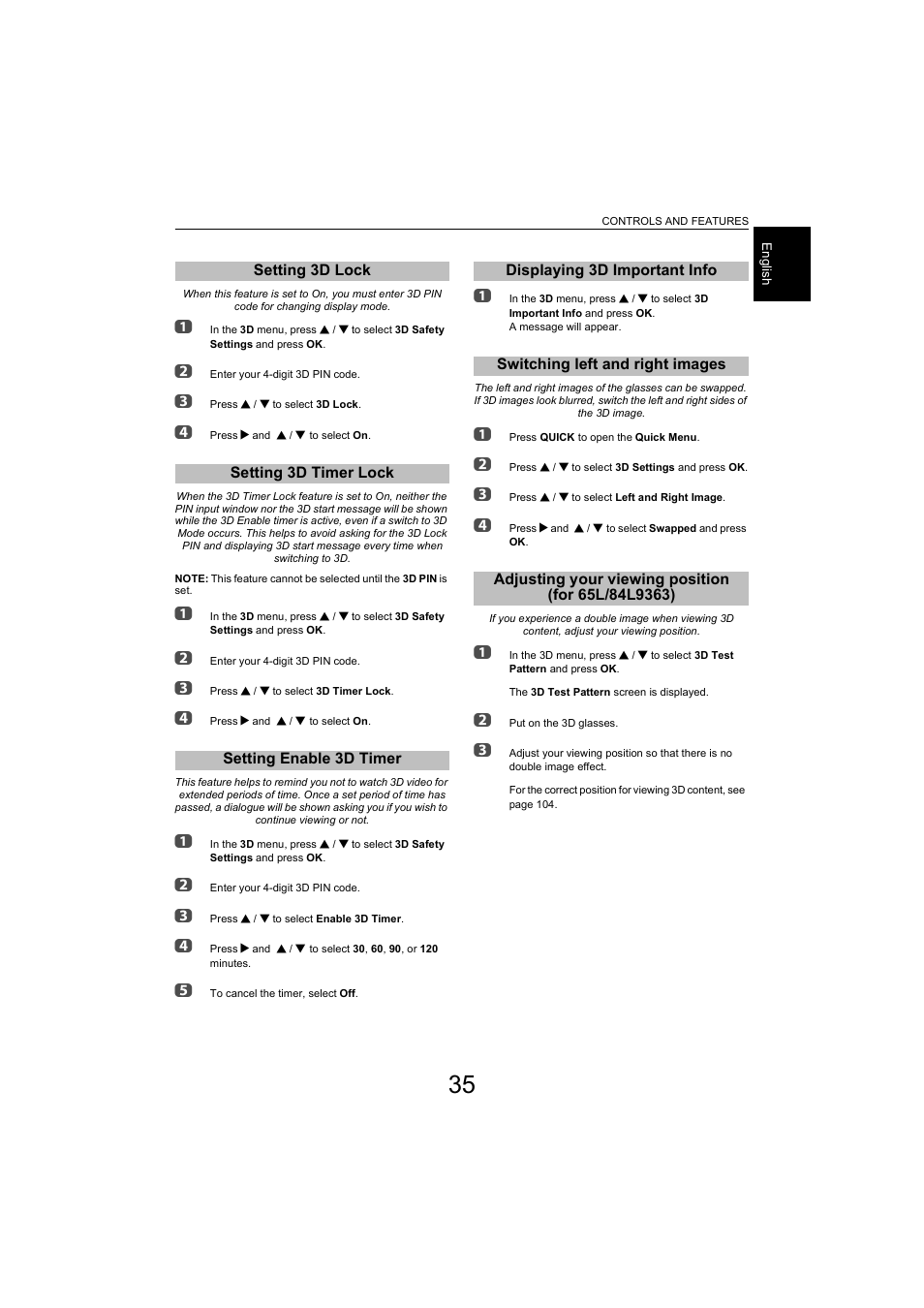 Setting 3d lock, Setting 3d timer lock, Setting enable 3d timer | Displaying 3d important info, Switching left and right images, Adjusting your viewing position (for 65l/84l9363), For 65l/84l9363) | Toshiba L9363 User Manual | Page 35 / 106