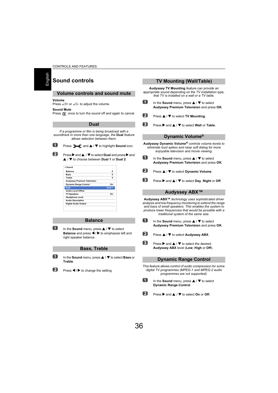 Sound controls, Volume controls and sound mute, Dual | Balance, Bass, treble, Tv mounting (wall/table), Dynamic volume, Audyssey abx, Dynamic range control, Audyssey abx™ dynamic range control | Toshiba L9363 User Manual | Page 36 / 106