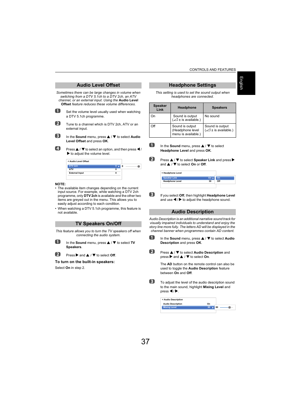 Audio level offset, Tv speakers on/off, Headphone settings | Audio description, Audio level offset tv speakers on/off | Toshiba L9363 User Manual | Page 37 / 106