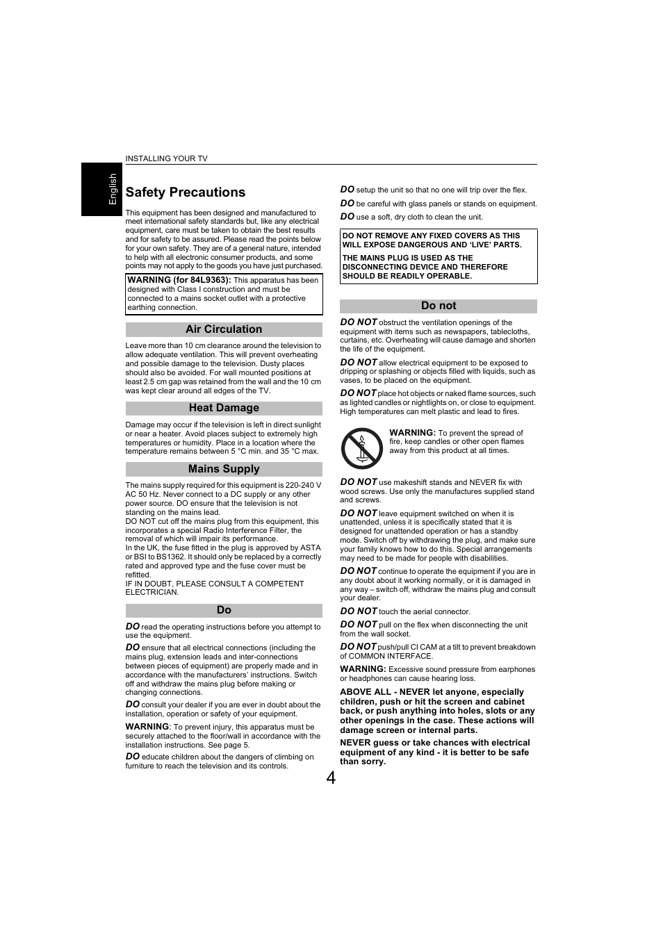 Installing your tv, Safety precautions | Toshiba L9363 User Manual | Page 4 / 106