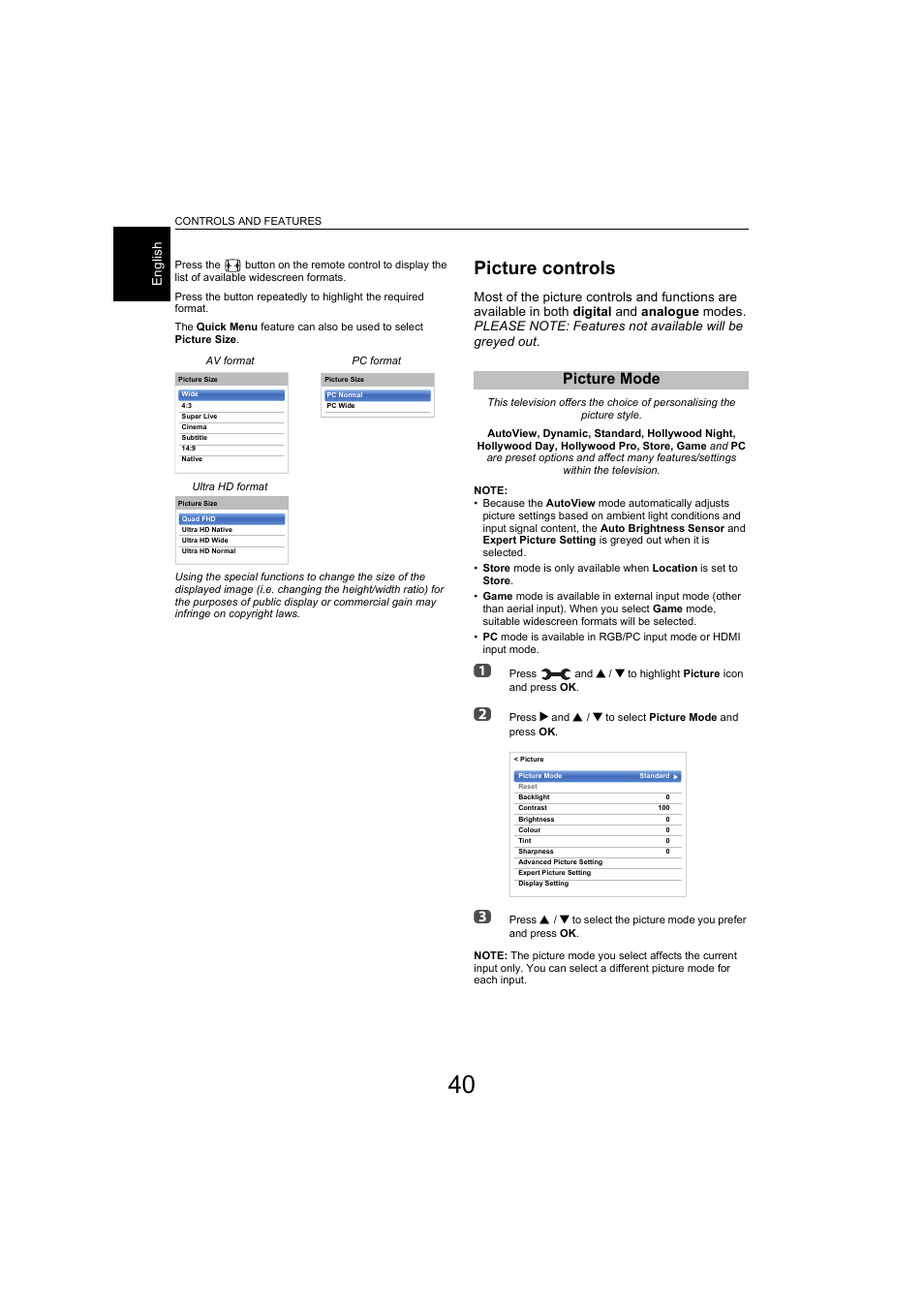 Picture controls, Picture mode | Toshiba L9363 User Manual | Page 40 / 106