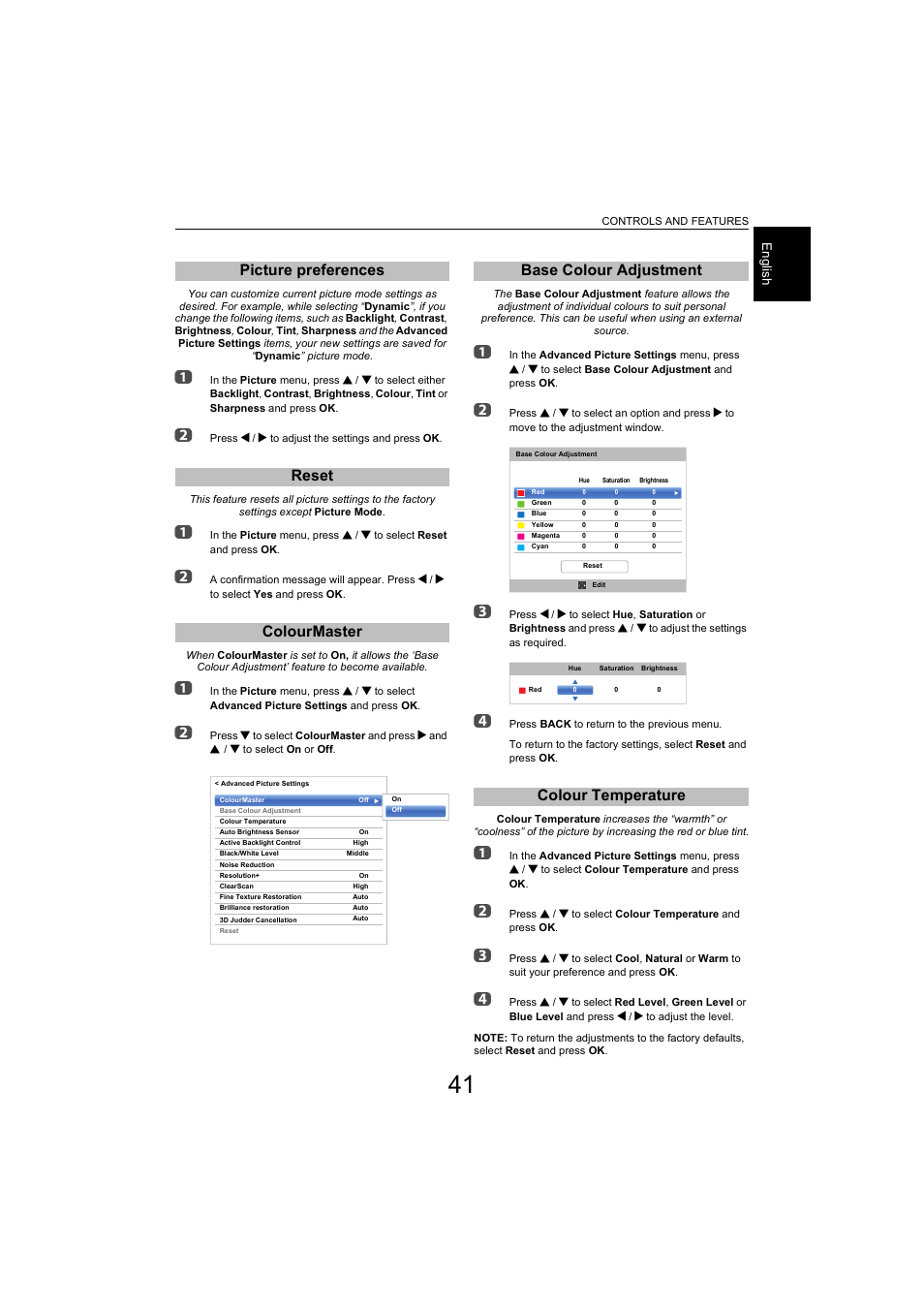 Picture preferences, Reset, Colourmaster | Base colour adjustment, Colour temperature, Picture preferences reset colourmaster, Base colour adjustment colour temperature | Toshiba L9363 User Manual | Page 41 / 106