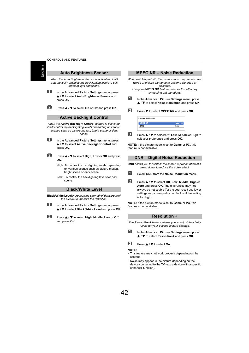 Auto brightness sensor, Active backlight control, Black/white level | Mpeg nr – noise reduction, Dnr – digital noise reduction, Resolution | Toshiba L9363 User Manual | Page 42 / 106