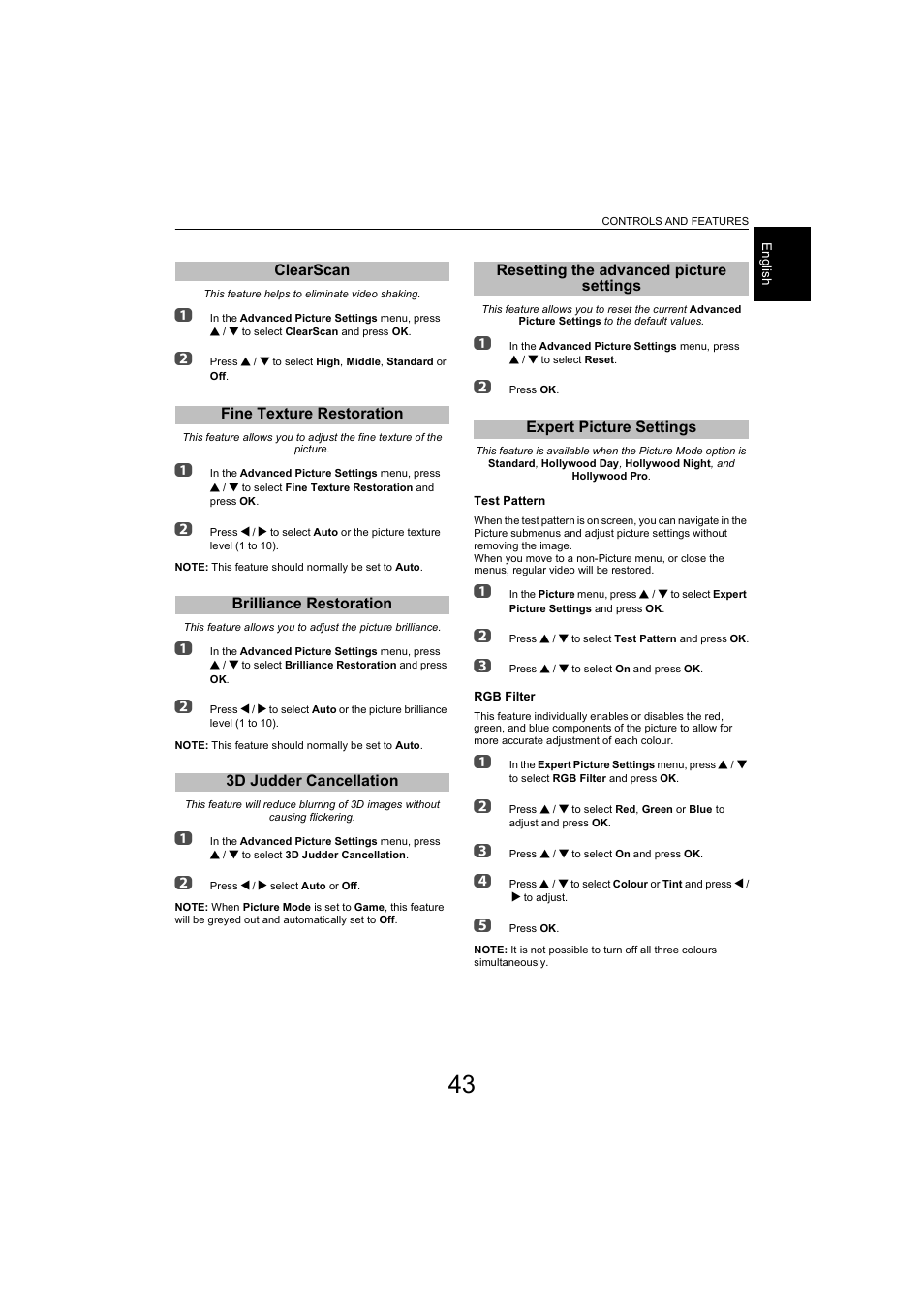 Clearscan, Fine texture restoration, Brilliance restoration | 3d judder cancellation, Resetting the advanced picture settings, Expert picture settings | Toshiba L9363 User Manual | Page 43 / 106