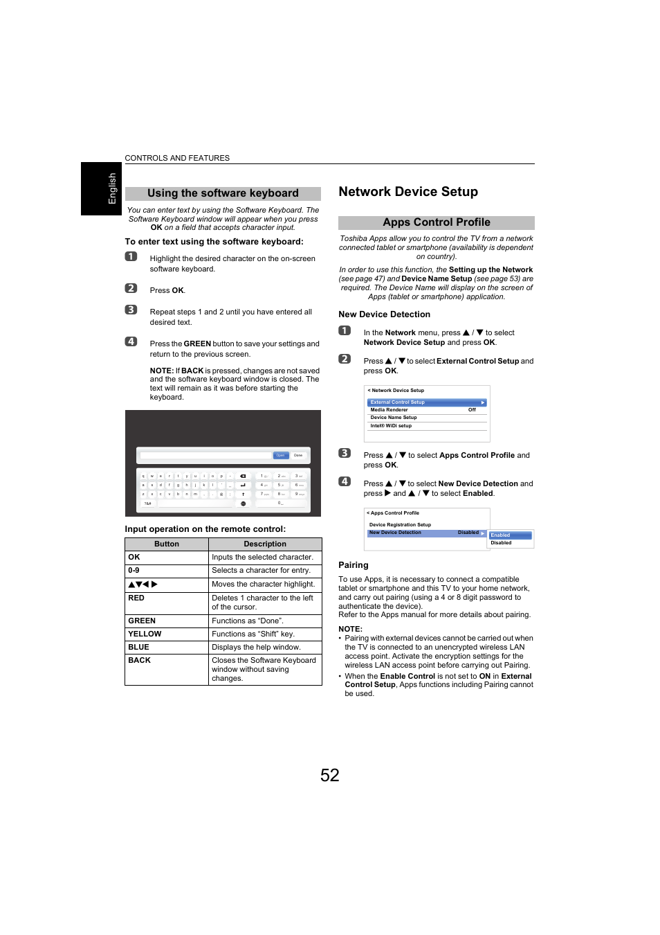 Using the software keyboard, Network device setup, Apps control profile | En gli sh | Toshiba L9363 User Manual | Page 52 / 106