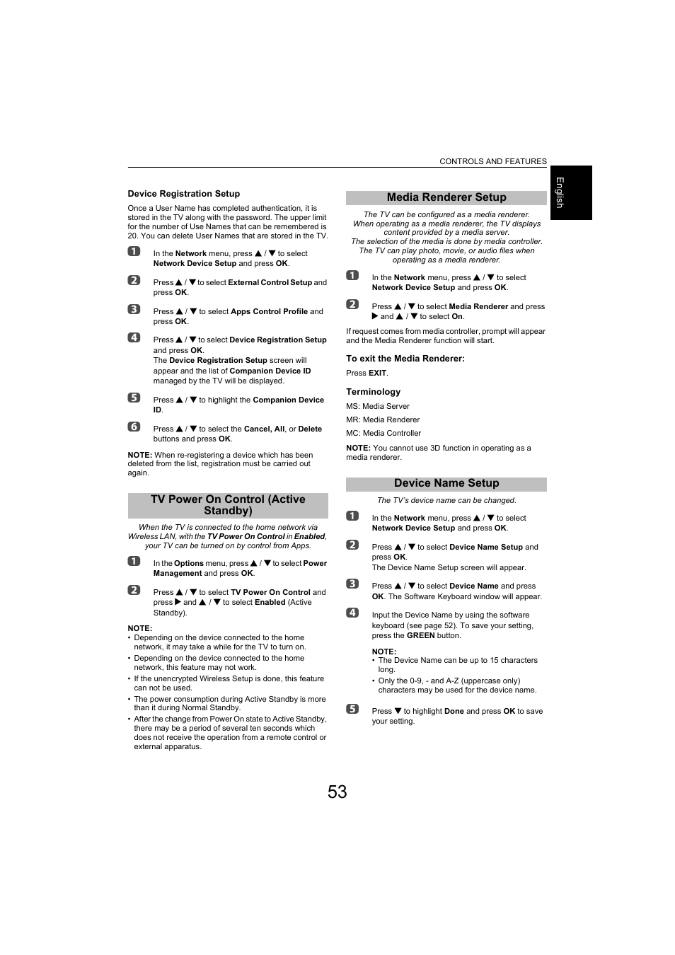 Tv power on control (active standby), Media renderer setup, Device name setup | Toshiba L9363 User Manual | Page 53 / 106