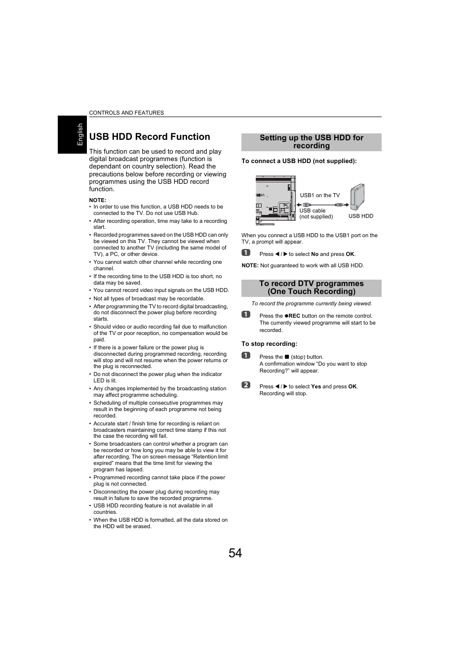 Usb hdd record function, Setting up the usb hdd for recording, To record dtv programmes (one touch recording) | One touch recording) | Toshiba L9363 User Manual | Page 54 / 106