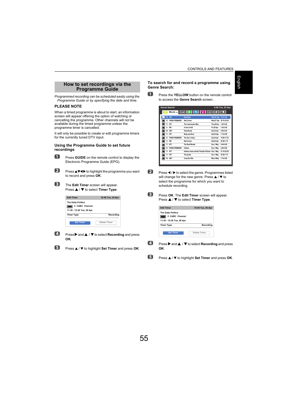 How to set recordings via the programme guide, How to set recordings via the programme, Guide | Eng lis h | Toshiba L9363 User Manual | Page 55 / 106