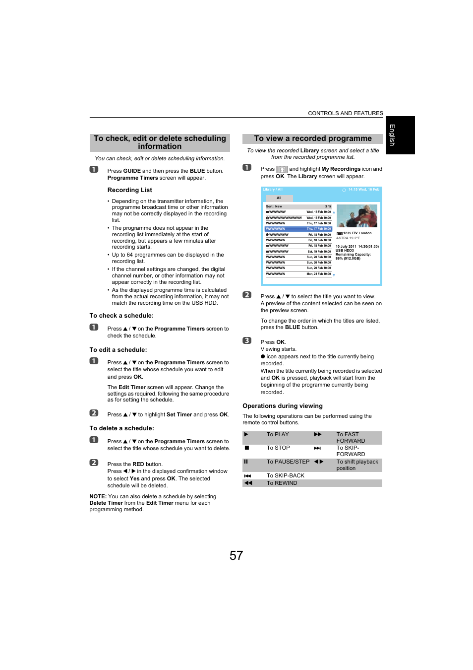 To check, edit or delete scheduling information, To view a recorded programme, To check, edit or delete scheduling | Information | Toshiba L9363 User Manual | Page 57 / 106