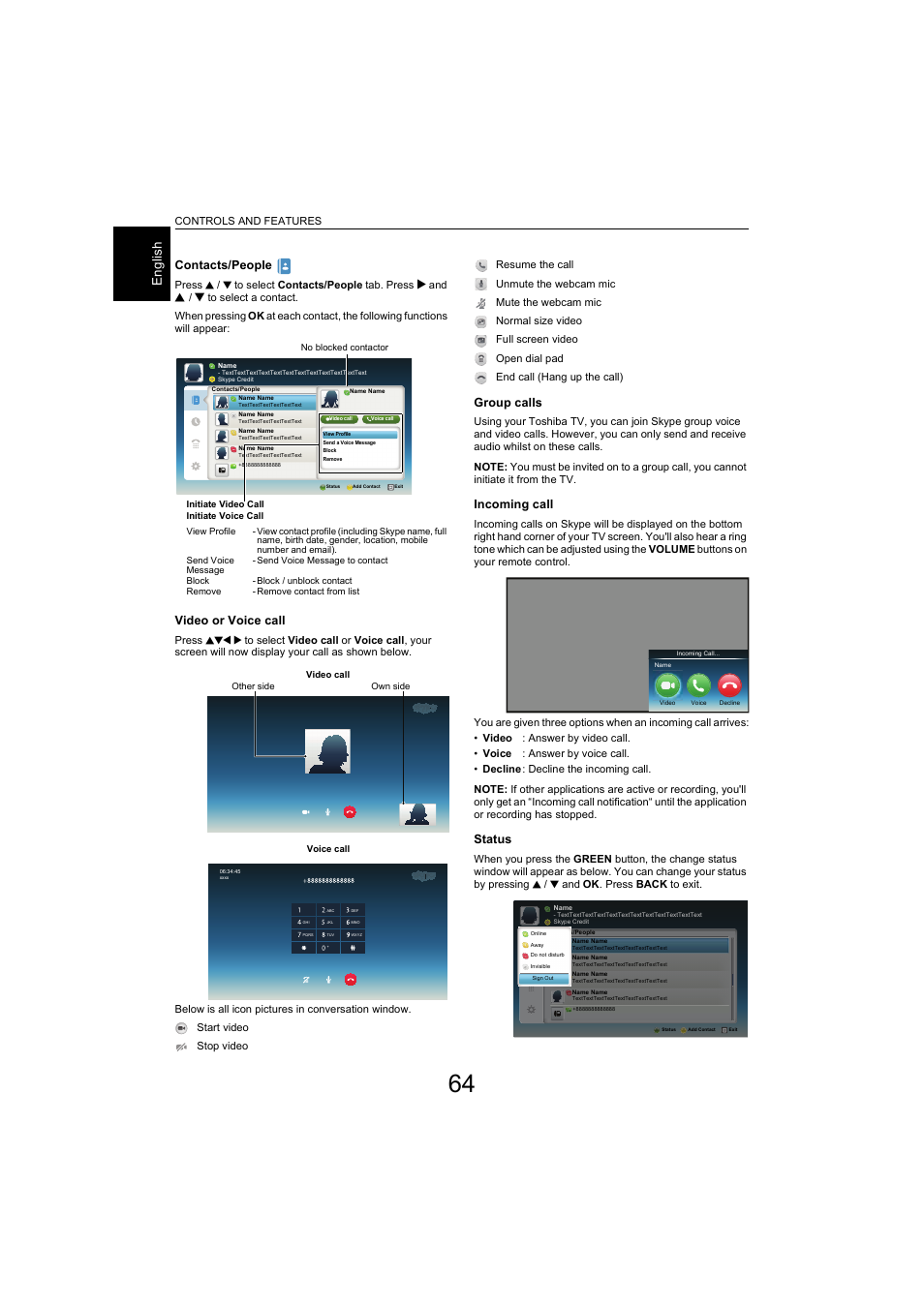 En gli sh, Contacts/people, Video or voice call | Group calls, Incoming call, Status | Toshiba L9363 User Manual | Page 64 / 106