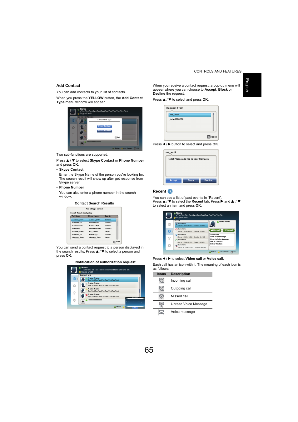 Eng lis h, Add contact, Recent | Controls and features, Contact search results, Notification of authorization request | Toshiba L9363 User Manual | Page 65 / 106