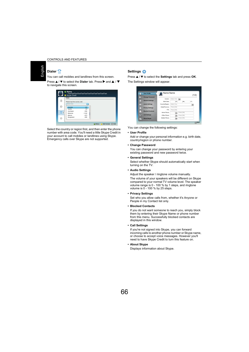 En gli sh, Dialer, Settings | Controls and features | Toshiba L9363 User Manual | Page 66 / 106