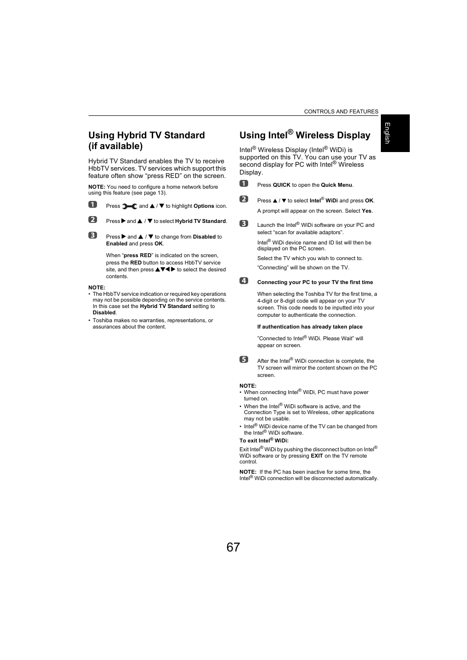 Using hybrid tv standard (if available), Using intel® wireless display, Using hybrid tv standard | If available), Using intel, Wireless display | Toshiba L9363 User Manual | Page 67 / 106