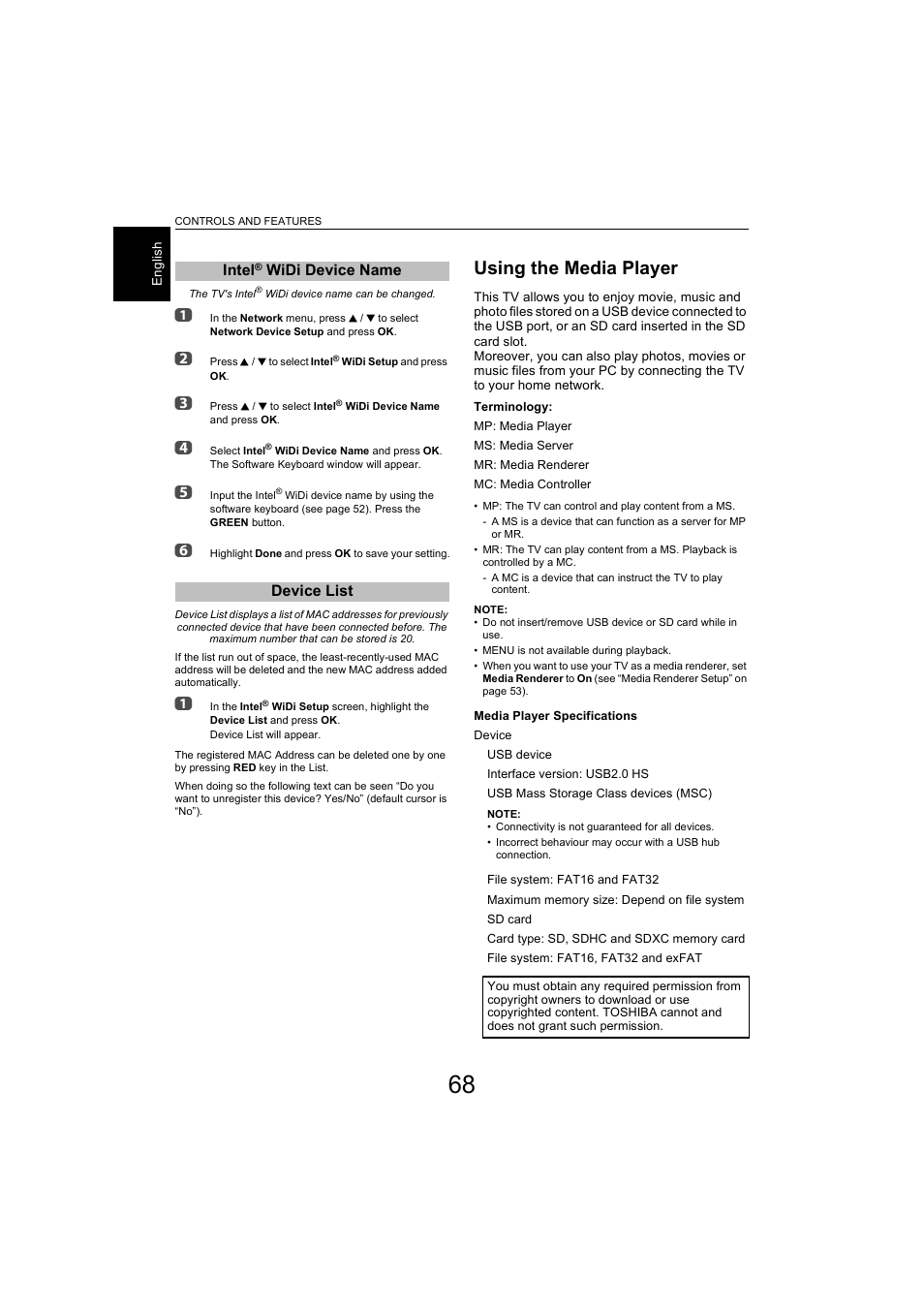 Intel® widi device name, Device list, Using the media player | Intel, Widi device name | Toshiba L9363 User Manual | Page 68 / 106