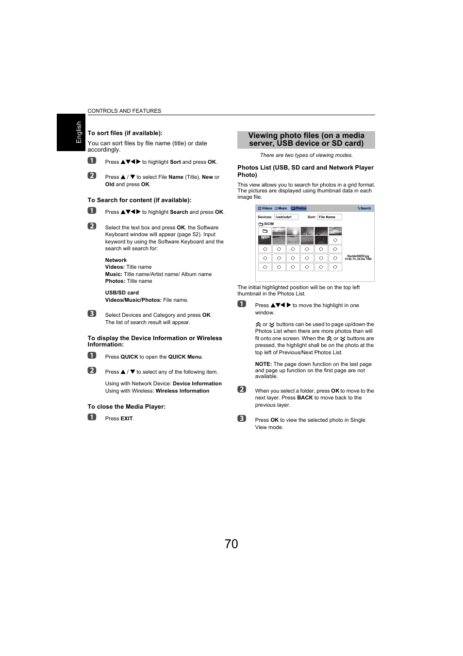 Viewing photo files (on a media server, Usb device or sd card) | Toshiba L9363 User Manual | Page 70 / 106