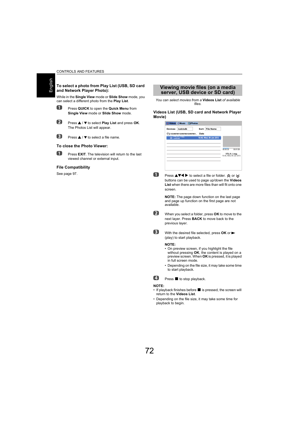 Viewing movie files (on a media server, Usb device or sd card) | Toshiba L9363 User Manual | Page 72 / 106