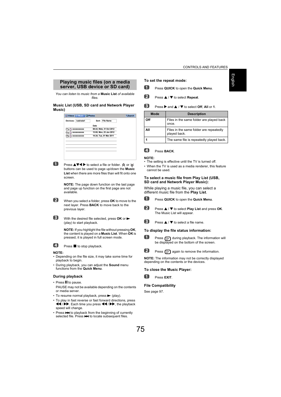 Playing music files (on a media server, Usb device or sd card) | Toshiba L9363 User Manual | Page 75 / 106