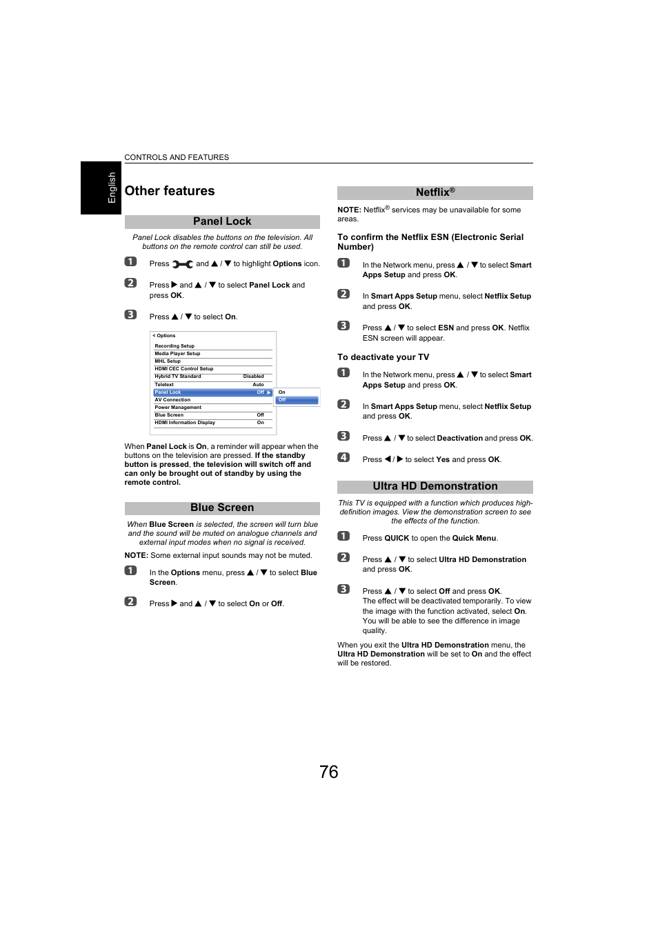 Other features, Panel lock, Blue screen | Netflix, Ultra hd demonstration, Panel lock blue screen netflix | Toshiba L9363 User Manual | Page 76 / 106