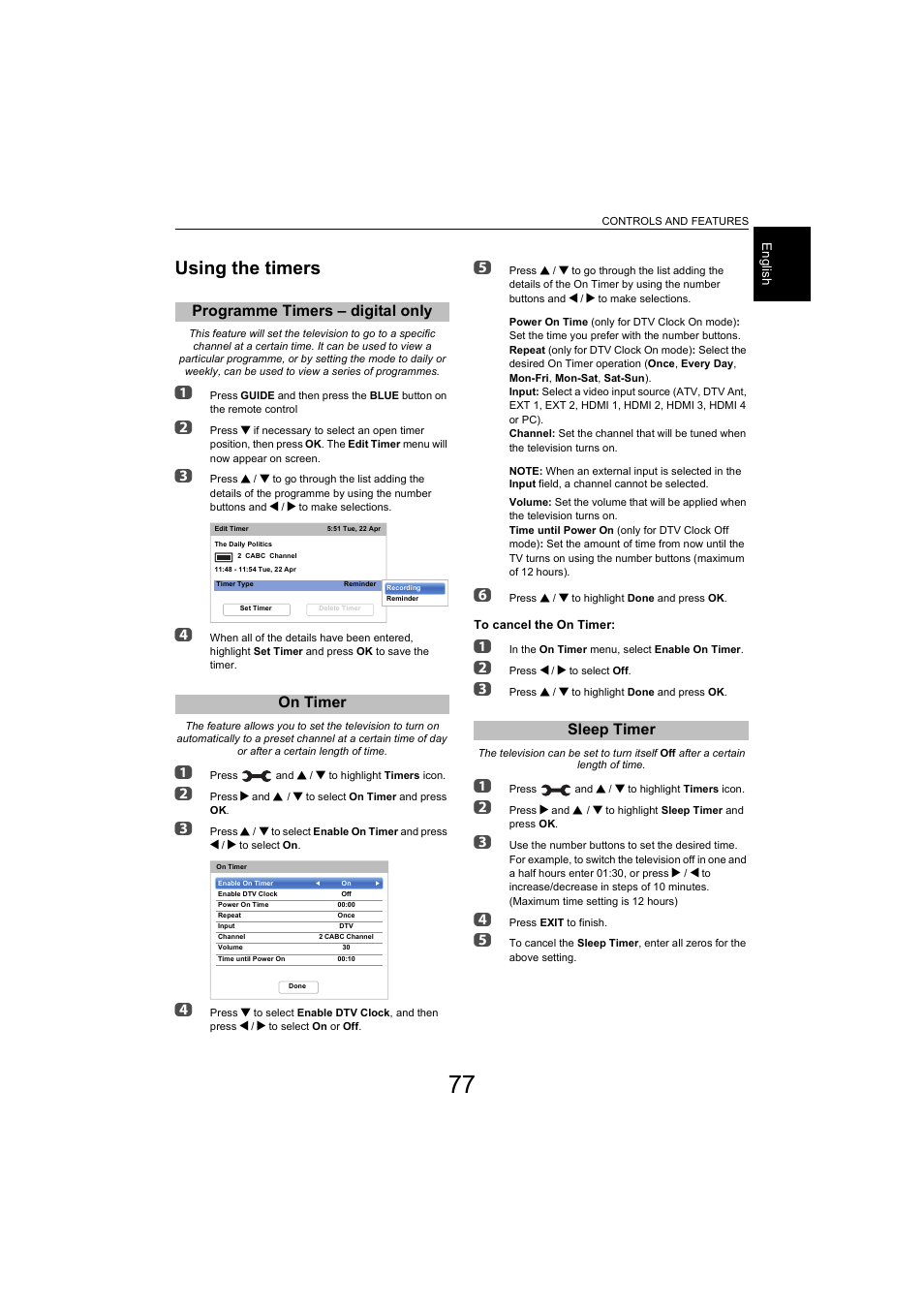 Using the timers, Programme timers – digital only, On timer | Sleep timer, Programme timers – digital only on timer | Toshiba L9363 User Manual | Page 77 / 106