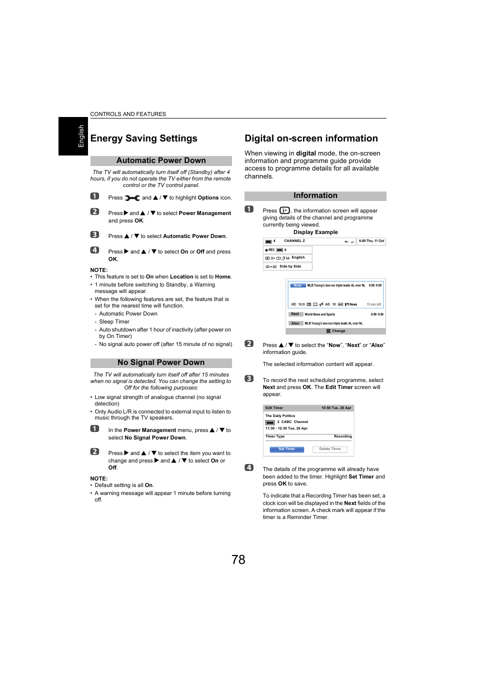 Energy saving settings, Automatic power down, No signal power down | Digital on-screen information, Information, Automatic power down no signal power down | Toshiba L9363 User Manual | Page 78 / 106