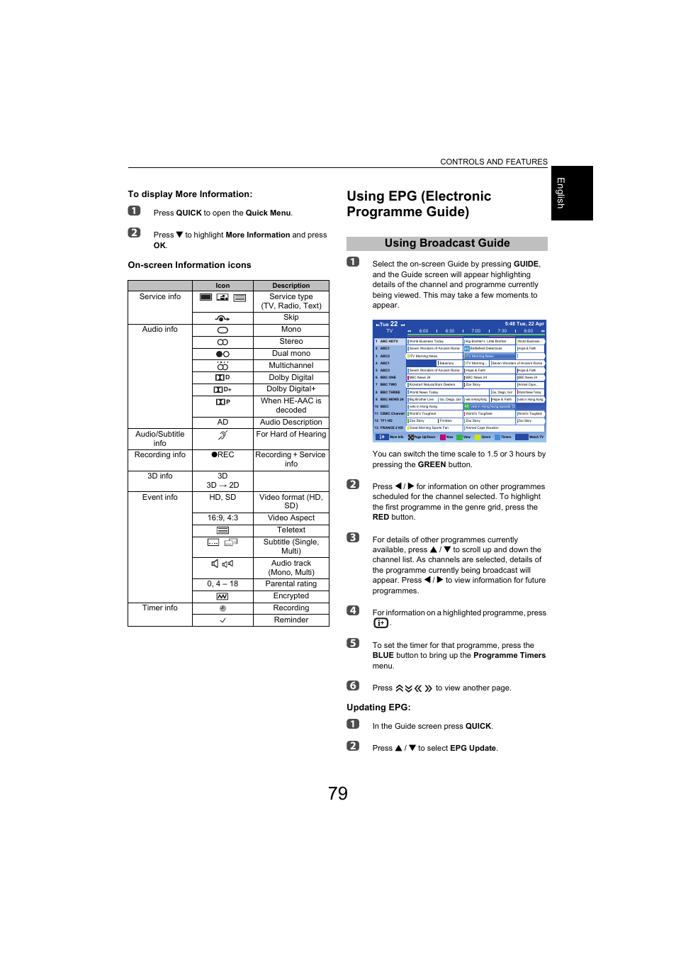 Using epg (electronic programme guide), Using broadcast guide, Eng lis h | Toshiba L9363 User Manual | Page 79 / 106