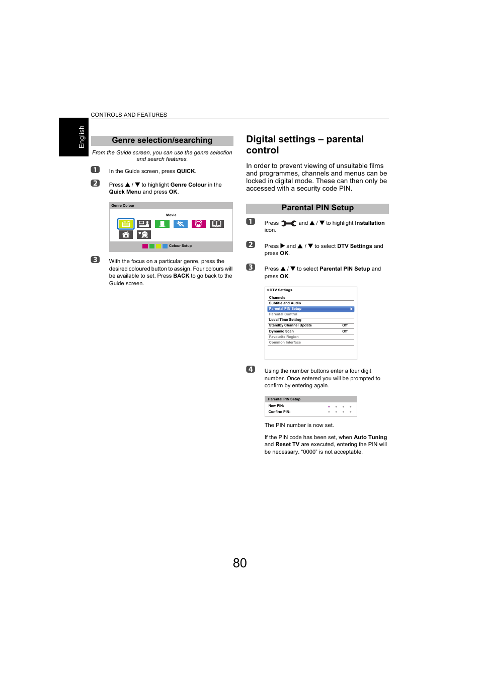 Genre selection/searching, Digital settings – parental control, Parental pin setup | Toshiba L9363 User Manual | Page 80 / 106