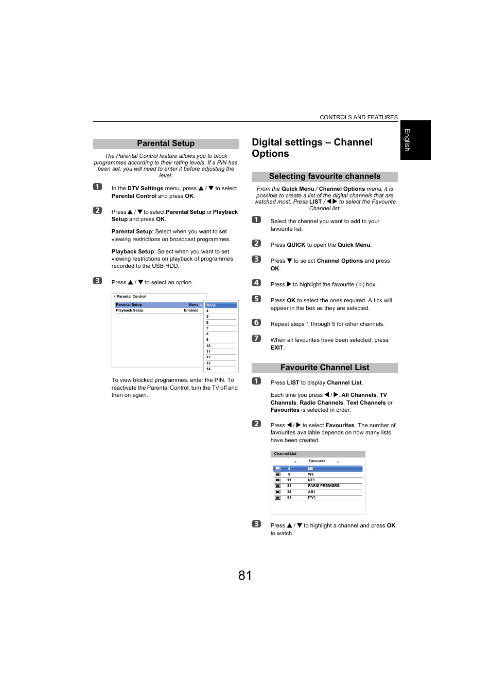 Parental setup, Digital settings – channel options, Selecting favourite channels | Favourite channel list | Toshiba L9363 User Manual | Page 81 / 106