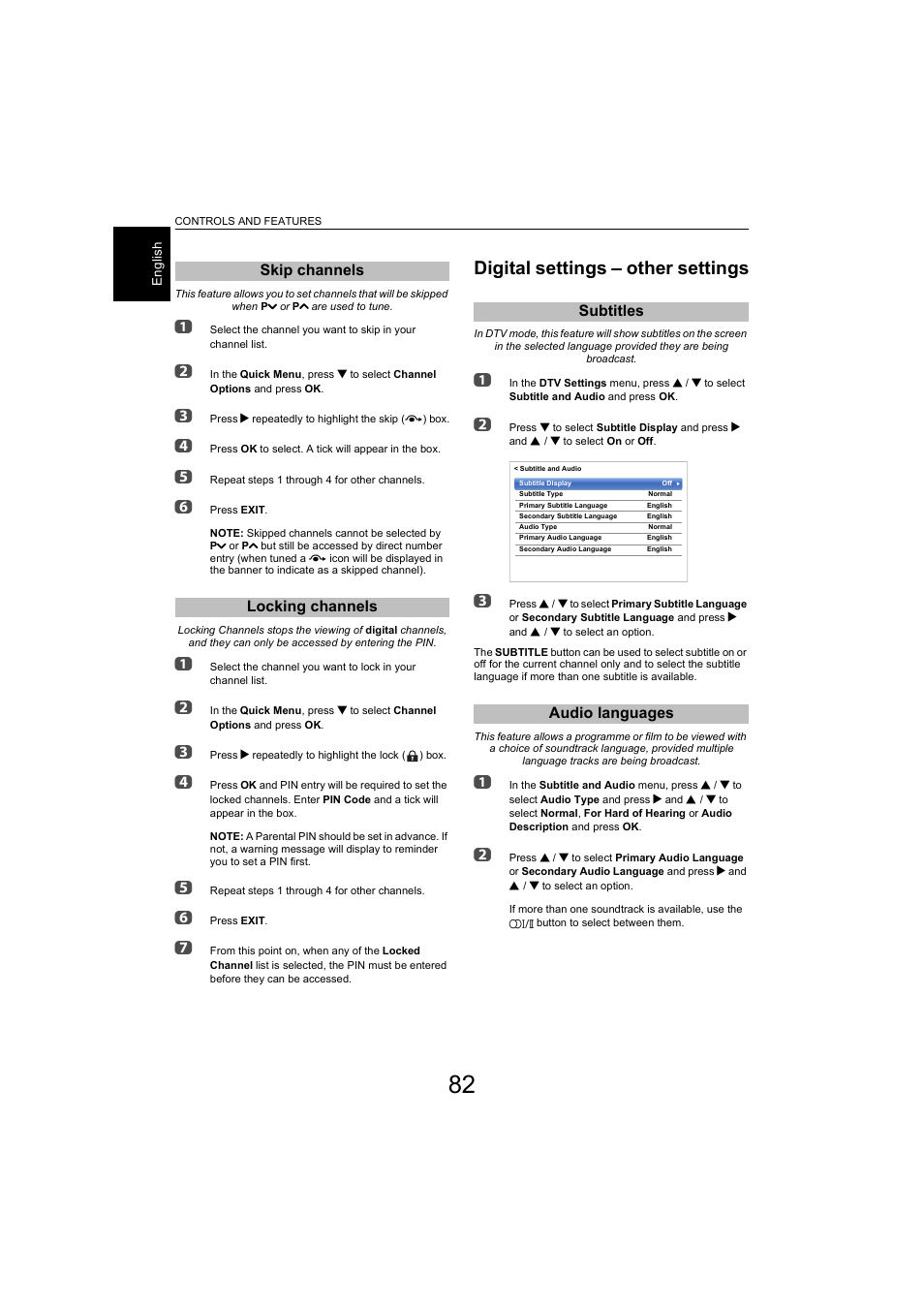 Skip channels, Locking channels, Digital settings – other settings | Subtitles, Audio languages, Skip channels locking channels, Subtitles audio languages | Toshiba L9363 User Manual | Page 82 / 106