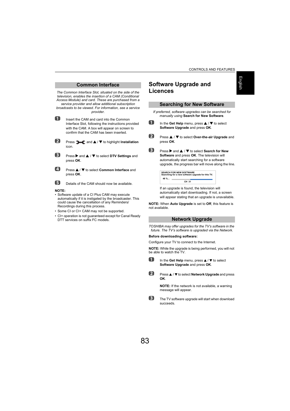 Common interface, Software upgrade and licences, Searching for new software | Network upgrade, Searching for new software network upgrade | Toshiba L9363 User Manual | Page 83 / 106