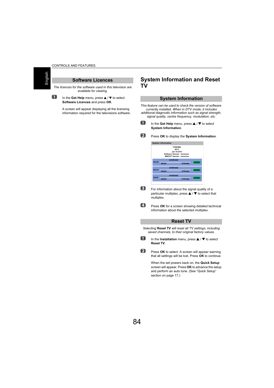 Software licences, System information and reset tv, System information | Reset tv, System information reset tv, Software licences system information reset tv | Toshiba L9363 User Manual | Page 84 / 106