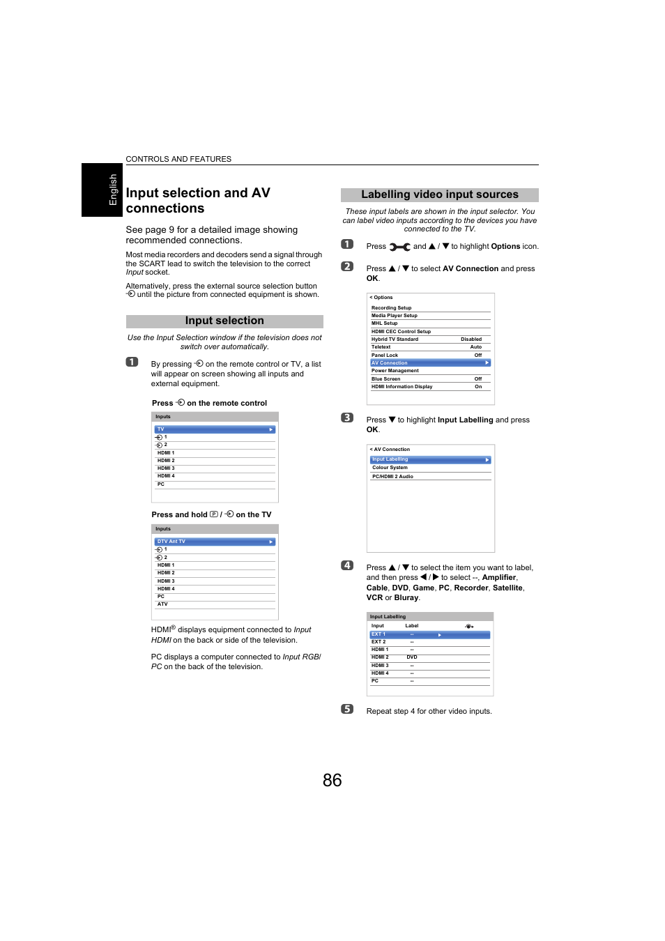 Input selection and av connections, Input selection, Labelling video input sources | Input selection labelling video input sources | Toshiba L9363 User Manual | Page 86 / 106