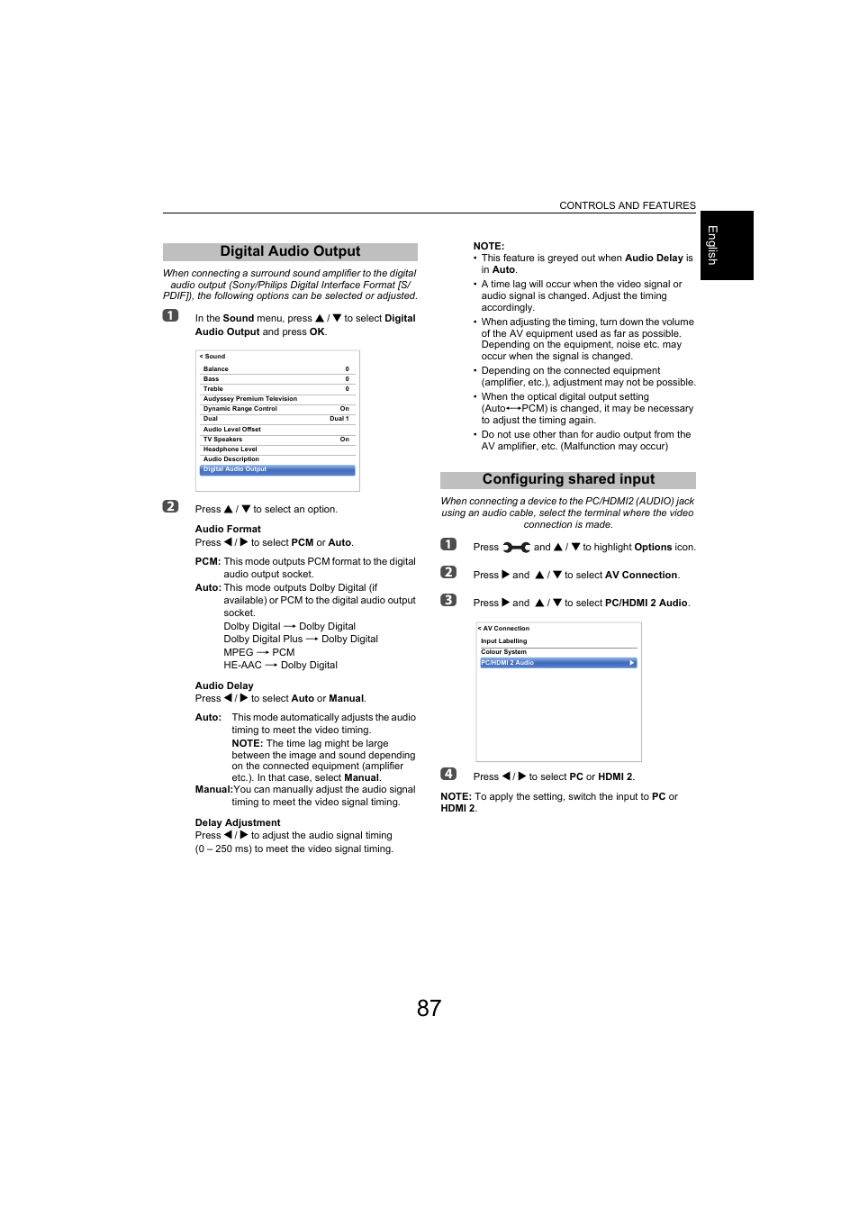 Digital audio output, Configuring shared input, Digital audio output configuring shared input | E 87.) | Toshiba L9363 User Manual | Page 87 / 106