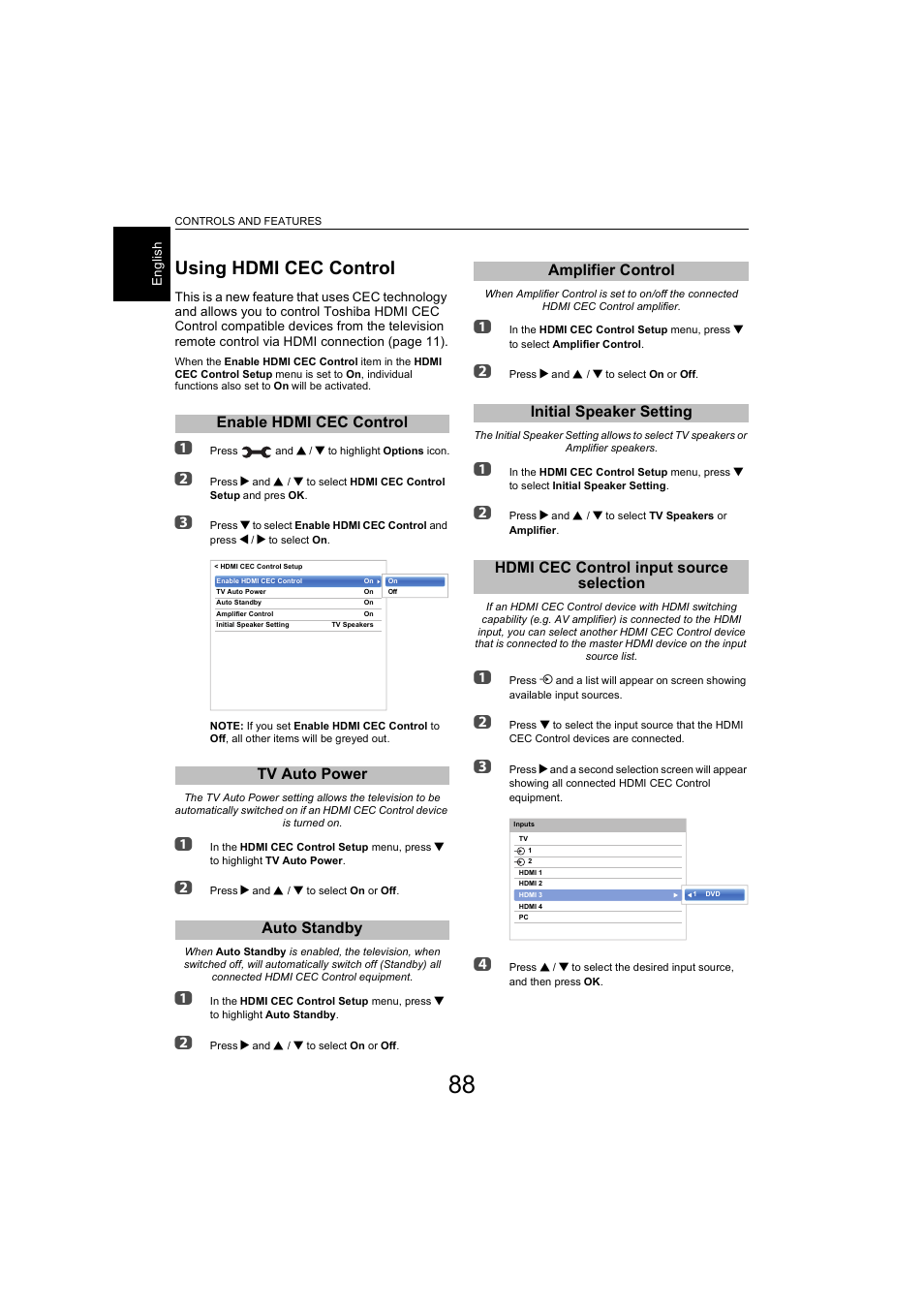 Using hdmi cec control, Enable hdmi cec control, Tv auto power | Auto standby, Amplifier control, Initial speaker setting, Hdmi cec control input source selection | Toshiba L9363 User Manual | Page 88 / 106