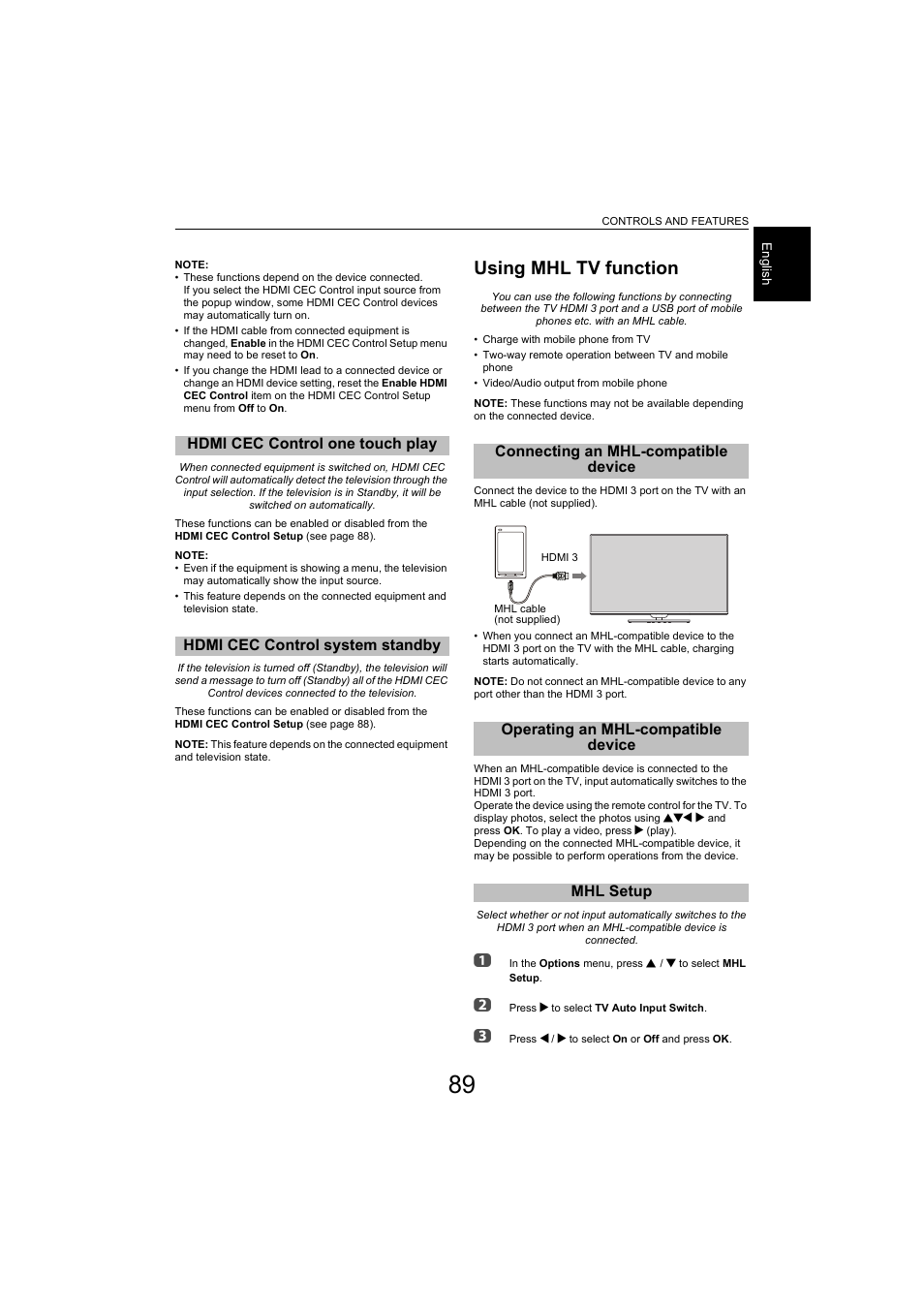 Hdmi cec control one touch play, Hdmi cec control system standby, Using mhl tv function | Connecting an mhl-compatible device, Operating an mhl-compatible device, Mhl setup | Toshiba L9363 User Manual | Page 89 / 106